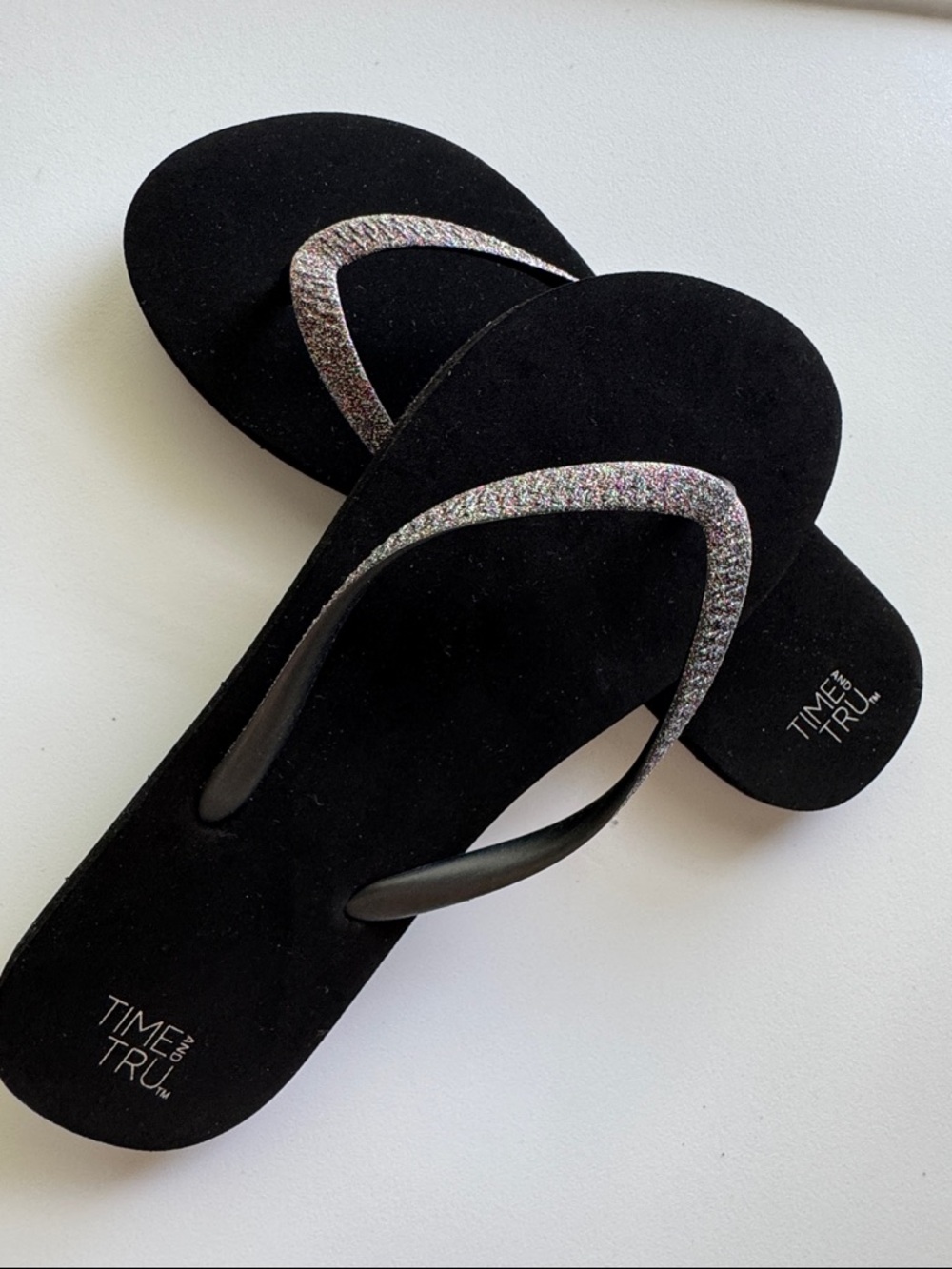 Time and Tru Black Flip Flops with Multicolor Glitter Straps